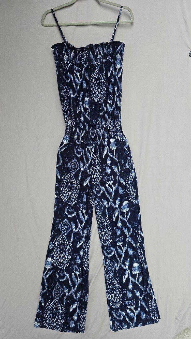 INC International Concepts Jumpsuit Womens Small Blue Ikat Smocked Wide Leg